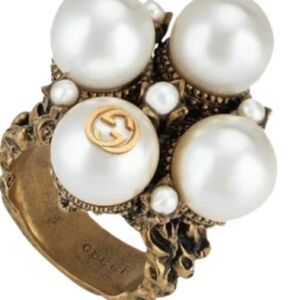 Gucci NEW NIB faux pearl multi head etched ring with bronzed antique gold 7.5